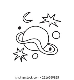Retro hippie planets and stars hand drawn. Nice nostalgic vintage. Doodle style. Line art design element. Vector black and white illustration isolated on white background. Tattoo sketch.