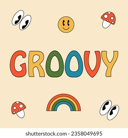 Retro hippie poster, 70s, vector. GROOVY inscription, eyes, smiley, fly agaric and rainbow on a beige background.