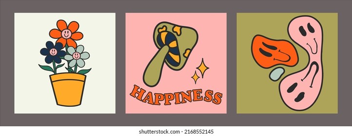 Retro hippie posters from the 70s. Cartoon mushrooms, flowers, emoticons. Bright vintage vector illustration. Boho hippie style, cartoon.