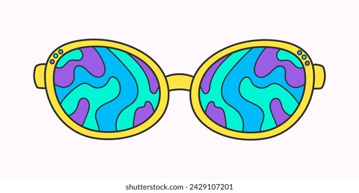 Retro hippie psychedelic style sunglasses. Geometric abstract vector glasses isolated on white background, 70s groovy fashion. Doodle paint stains pattern for printing on T-shirts, cards.