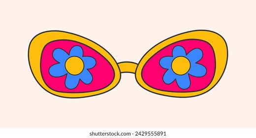 Retro hippie psychedelic style sunglasses. Geometric abstract vector glasses isolated on white background, 1970s groovy fashion. Doodle bright cute daisy flower pattern for printing on T-shirts