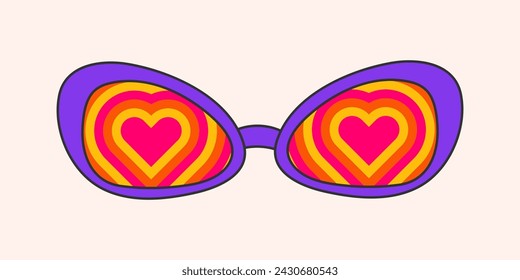 Retro hippie psychedelic style sunglasses. Geometric abstract vector glasses isolated on white background, 70s groovy fashion. Doodle bright heart pattern for printing on T-shirts, cards.