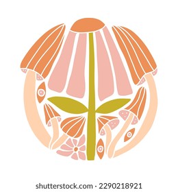 Retro hippie round badge with cute groovy flowers, eyes and mushrooms isolated on a white background. Trendy vector graphic design inpsychedelic style 70s, 80s.
