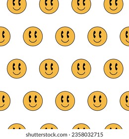 Retro hippie seamless pattern, emoticons, vector. Yellow smiling emoticons on a white background.