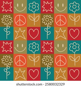 Retro hippie seamless pattern. Flowers, smiley face, heart, peace symbol in colorful squares. Vector illustration for fabric, wrapping paper, cover, background