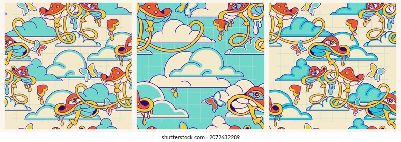 Retro hippie seamless pattern set with crazy fun mushrooms. Trippy surreal mushroom, floral tangled background.