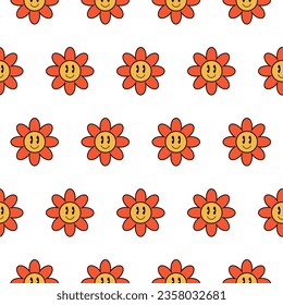 Retro hippie seamless pattern, smiley flowers, vector. Smiling flower on a white background.