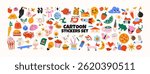  Retro hippie stickers 90s. Cartoon bright psychedelic elements, funky shapes, animals,fruits, vintage. Trendy doodle labels, patches, stamps

