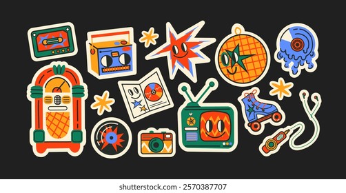 Retro hippie stickers 90s. Cartoon characters, bright psychedelic elements, funky shapes, retro music, vinyl, vintage. Trendy labels, patches, stamps