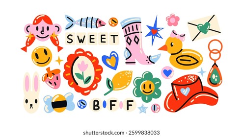 Retro hippie stickers 90s. Cartoon bright psychedelic elements, funky shapes, animals,fruits, vintage. Trendy doodle labels, patches, stamps