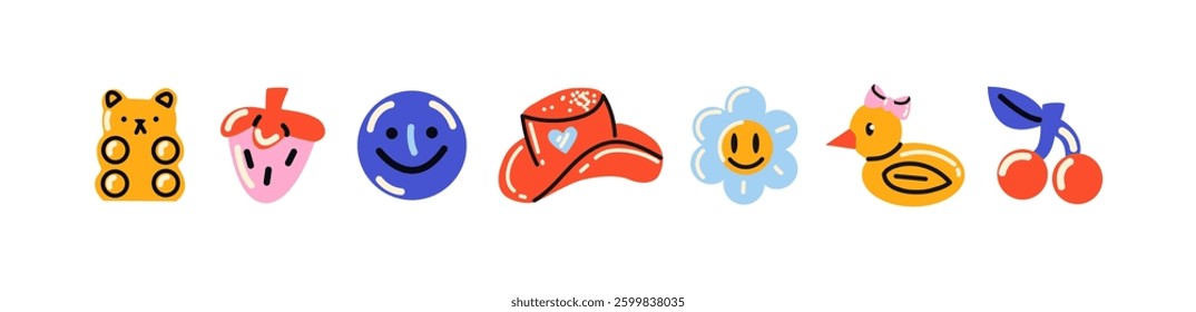 Retro hippie stickers 90s. Cartoon bright psychedelic elements, funky shapes, animals,fruits, vintage. Trendy doodle labels, patches, stamps