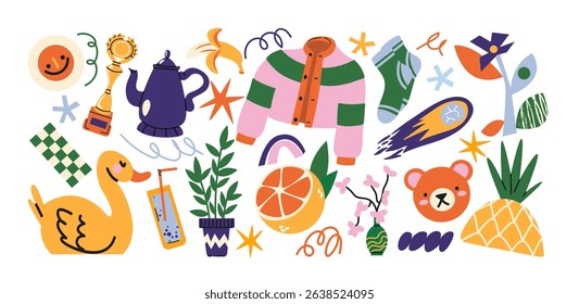 Retro hippie stickers 90s. Cartoon bright psychedelic elements, funky shapes, animals,fruits, vintage. Trendy doodle labels, patches, stamps	