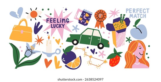 Retro hippie stickers 90s. Cartoon bright psychedelic elements, funky shapes, animals,fruits, vintage. Trendy doodle labels, patches, stamps	