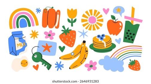 Retro hippie stickers 90s. Cartoon bright psychedelic elements, funky shapes, animals,fruits, vintage. Trendy doodle labels, patches, stamps	