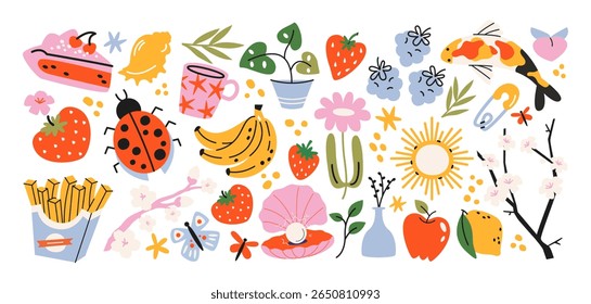 Retro hippie stickers 90s. Cartoon bright psychedelic elements, collection with fruits, flowers, butterflies, sun, funky shapes, animals, vintage. Trendy summer doodle labels, patches, stamp