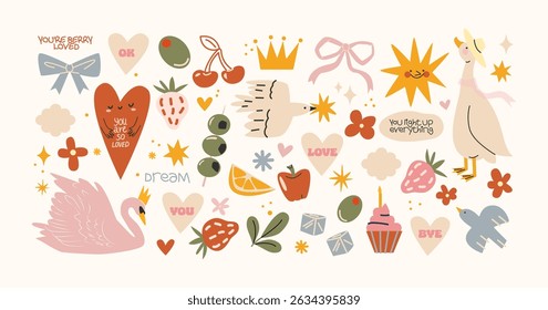 Retro hippie stickers 90s. Romantic spring shapes, animals and fruits in retro cartoon style. Love-themed elements: swan, cupcake, heart, bow. Illustration in funky, doodle style, trendy labels set