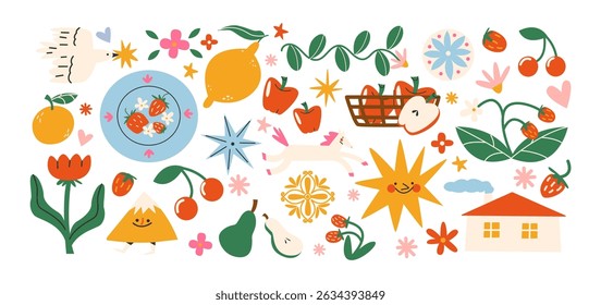 Retro hippie stickers 90s. Summer harvest and countryside joy in retro cartoon style. Fruits and flowers: oranges, cherries, tulips, lemons. Illustration in funky, doodle style, trendy shapes set
