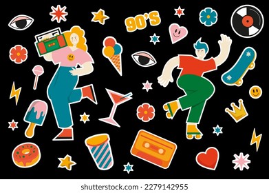 Retro hippie stickers concept in the flat cartoon style on the dark background. Stickers with attributes of the 70s, 80s and 90s in retro style. Vector illustration.