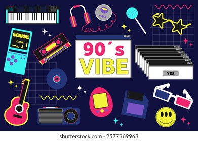 Retro hippie stickers set in flat graphic design. Collection elements of keyboard, headphone, music player, lollipop, eyeglass, cassette, vinyl disk, other nostalgia 90s signs. Vector illustration.