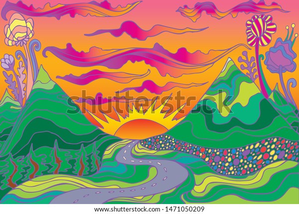 Retro hippie style psychedelic landscape  with mountains, sun and the road going into the sunset.  Vector hand drawn cartoon bright gradient colors background. 