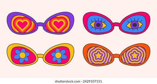 Retro hippie style sunglasses. Set of geometric abstract vector glasses, 1970s groovy fashion. Heart, stars, daisy flowers and eyes, for printing on T-shirts, cards.