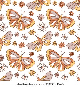 Retro hippie summer groovy butterflies and flowers. Vector seamless pattern. Boho natural retro colours butterflies among daisies.