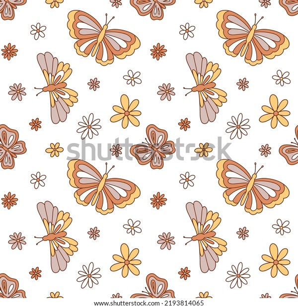 Retro hippie summer groovy flowers. Vector seamless pattern. Boho natural retro colors among daisies.