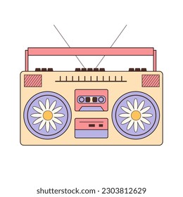 Retro hippie tape recorder. Vintage musical boom box with daisies. Vector illustration isolated on white background. 