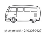 Retro hippie van for road trip and beach vacation. Vector illustration. Hand drawn Doodle isolated on white background. Sketch style outline drawing