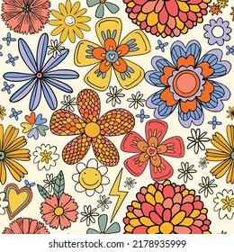 retro hippie vector seamless pattern. Funky and groove i color background. Plants of the 60s and 70s.