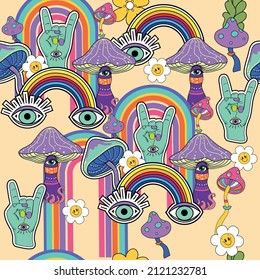 Retro Hippie Wallpaper 90s seamless pattern background. Psychedelic 60s-70s. Bright Rainbow Colors, Mushrooms, hands, eyes