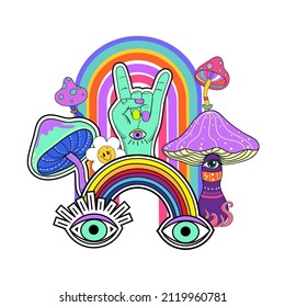 Retro Hippie Wallpaper 90s. Trippy Retro Background for Psychedelic 60s-70s. Bright Rainbow Colors, Mushrooms, hands, eyes