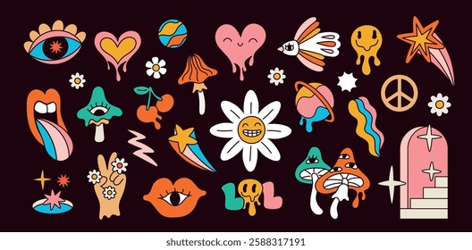 Retro hippy elements. Psychedelic comic objects. Trendy stickers. Acid trip symbols. Surreal abstract shapes. Melting heart. Hallucinogenic mushroom. Patches flat design