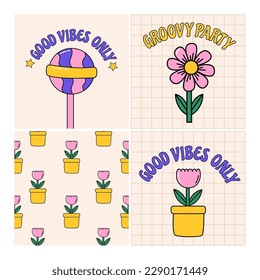 Retro hippy set. Groovy illustrations 70s style. Psychedelic nostalgic posters. Doodle  elements set. Flower power elements