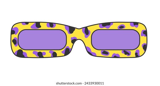 Retro hippy sunglasses with leopard print isolated on white background. Neon sticker in 70s style, groovy psychedelic vector vintage element, yellow and purple colors.