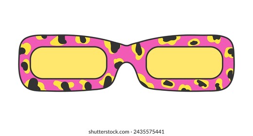 Gafas de sol hippy retro con estampado de leopardo aislado sobre fondo blanco. Pegatina de neón en estilo de los años 70, magnífico vector psicodélico elemento vintage, colores rosa y amarillo.