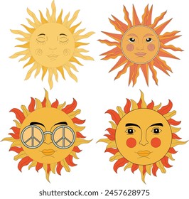 Retro 60’s Hippy Sunshine psychedelic Art Illustration. Vintage boho sun