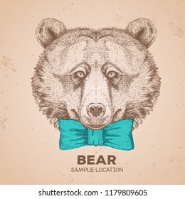Retro Hipster animal bear. Hand drawing Muzzle of bear