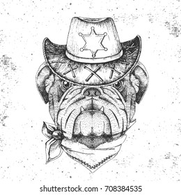 Retro Hipster animal bulldog. Hand drawing Muzzle of dog