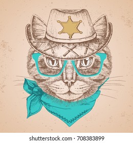 Retro Hipster animal cat. Hand drawing Muzzle of cat