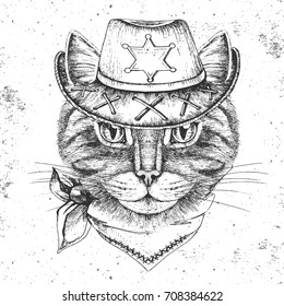 Retro Hipster animal cat. Hand drawing Muzzle of cat