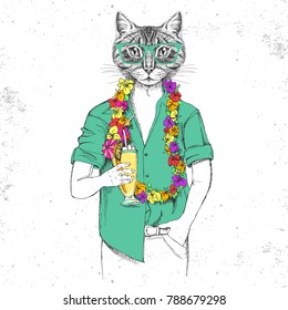 Retro Hipster animal cat with tropic cocktail