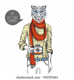 Retro Hipster animal cheetah with photo camera. Woman model