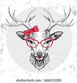 Retro Hipster animal deer. Hand drawing Muzzle of animal deer. Girl of 60s