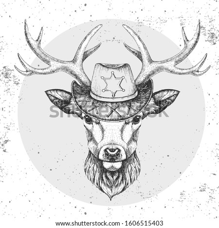 Retro Hipster animal deer with sheriff's hat. Hand drawing Muzzle of animal deer
