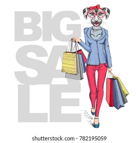 Retro Hipster animal dog. Big sale hipster poster with woman model