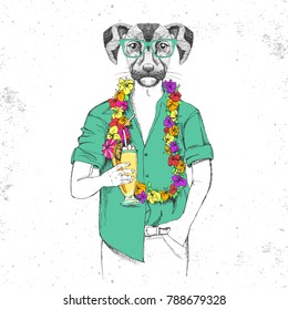 Retro Hipster animal dog with tropic cocktail