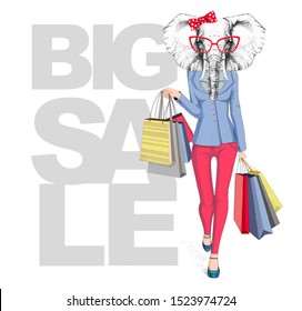 Retro Hipster animal elephant. Big sale hipster poster with woman model