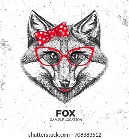 Retro Hipster animal fox. Hand drawing Muzzle of animal fox. Girl of 60s