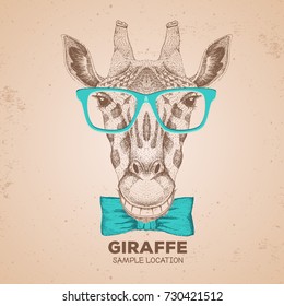 Retro Hipster animal giraffe. Hand drawing Muzzle of giraffe